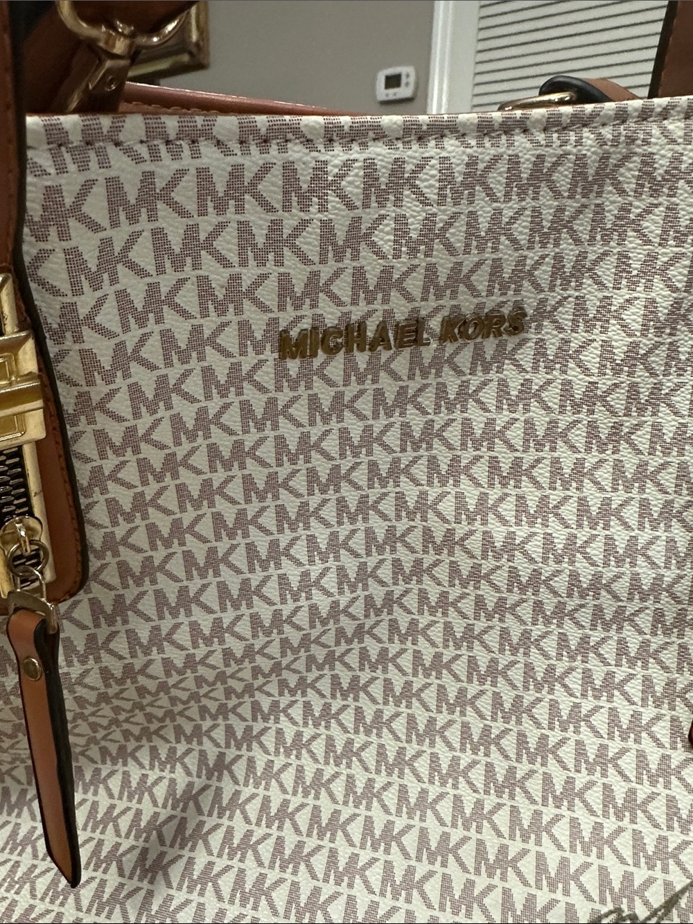 Michael Kors Cream and Tan MK Logo Shoulder Tote - Picture 3 of 10
